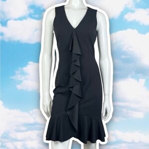 RINASCIMENTO Cascading Ruffle Front Midi Sheath Dress Black Career Party Wedding